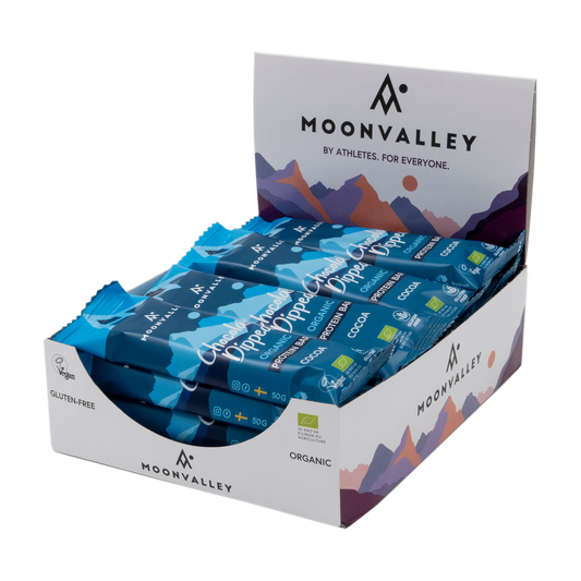 Moonvalley Organic Protein Bar Chocolate-Dipped Cocoa 12-Pack box