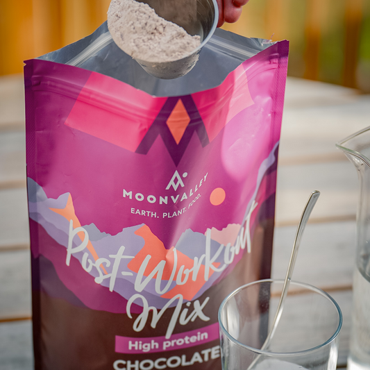 Moonvalley open pack of Organic Post-Workout Protein Mix Chocolate 750g powder