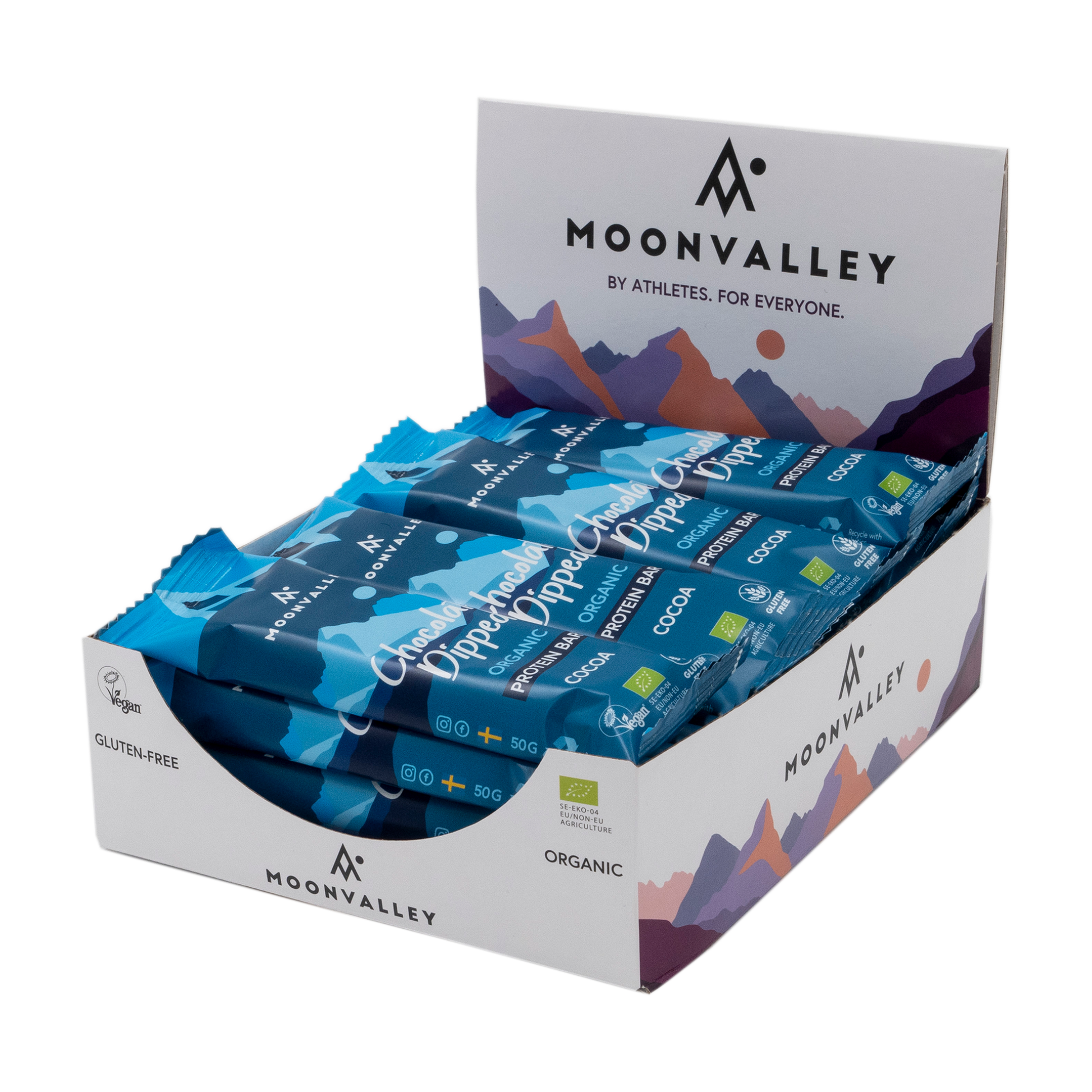 Moonvalley Organic Protein Bar Chocolate-Dipped Cocoa 12-Pack box