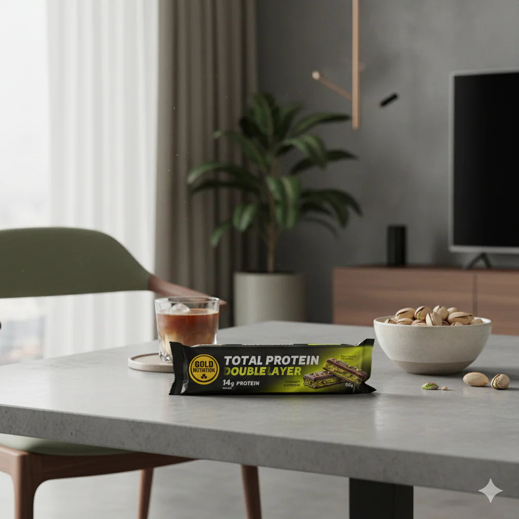 goldnutrition total protein double layer bar with chocolate and pistacchio in the living room