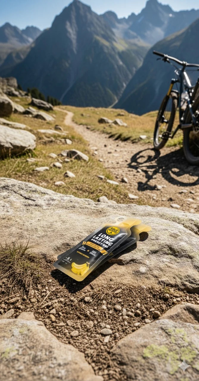 goldnutrition long lasting energy gel in the mountains with bike