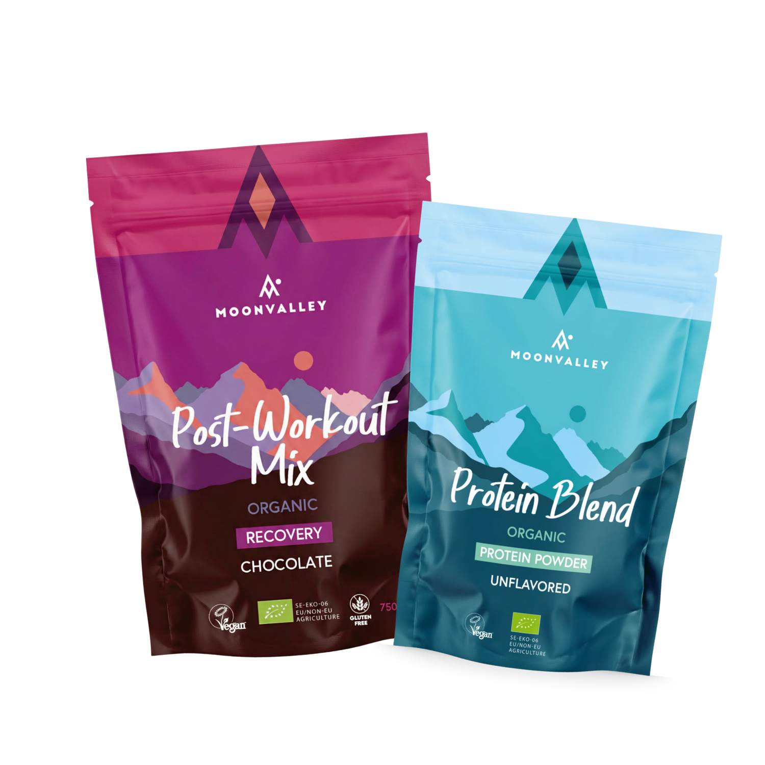 Moonvalley protein powders, unflavoured and chocolate