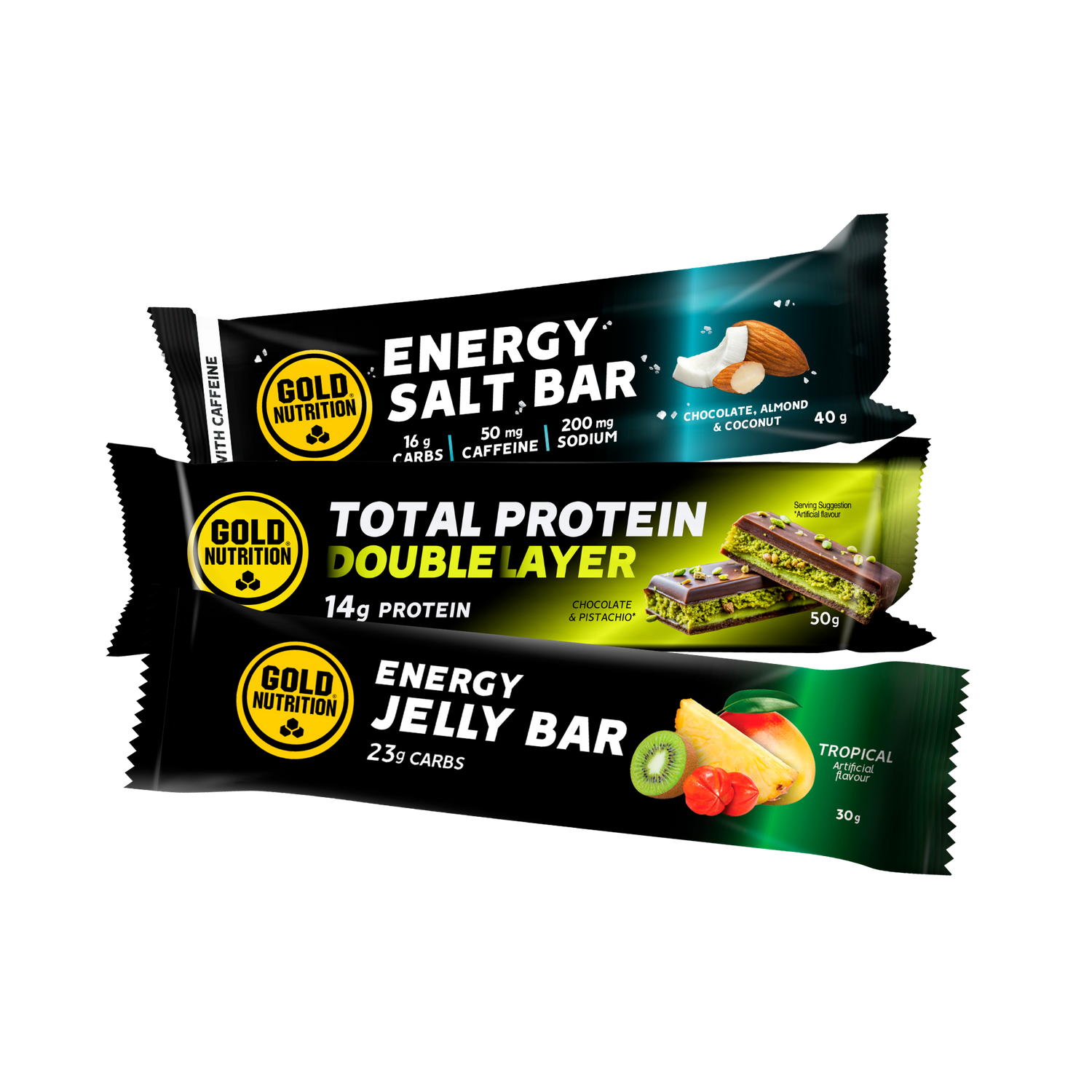 GoldNutrition energy, jelly, salt and protein bar with tropical fruits, salt and chocolate and pistacchio