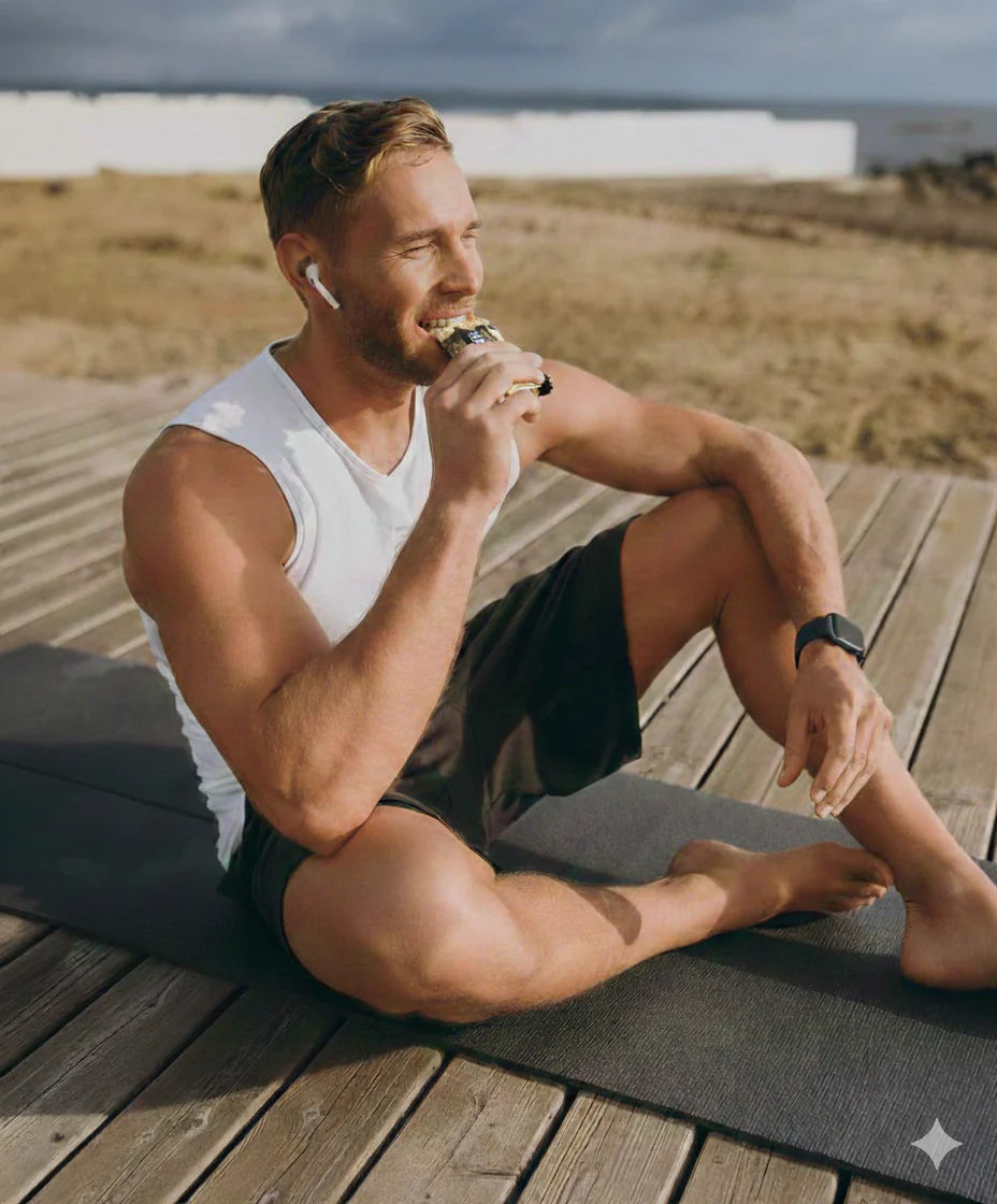 sports man in the beach eating goldnutrition bar