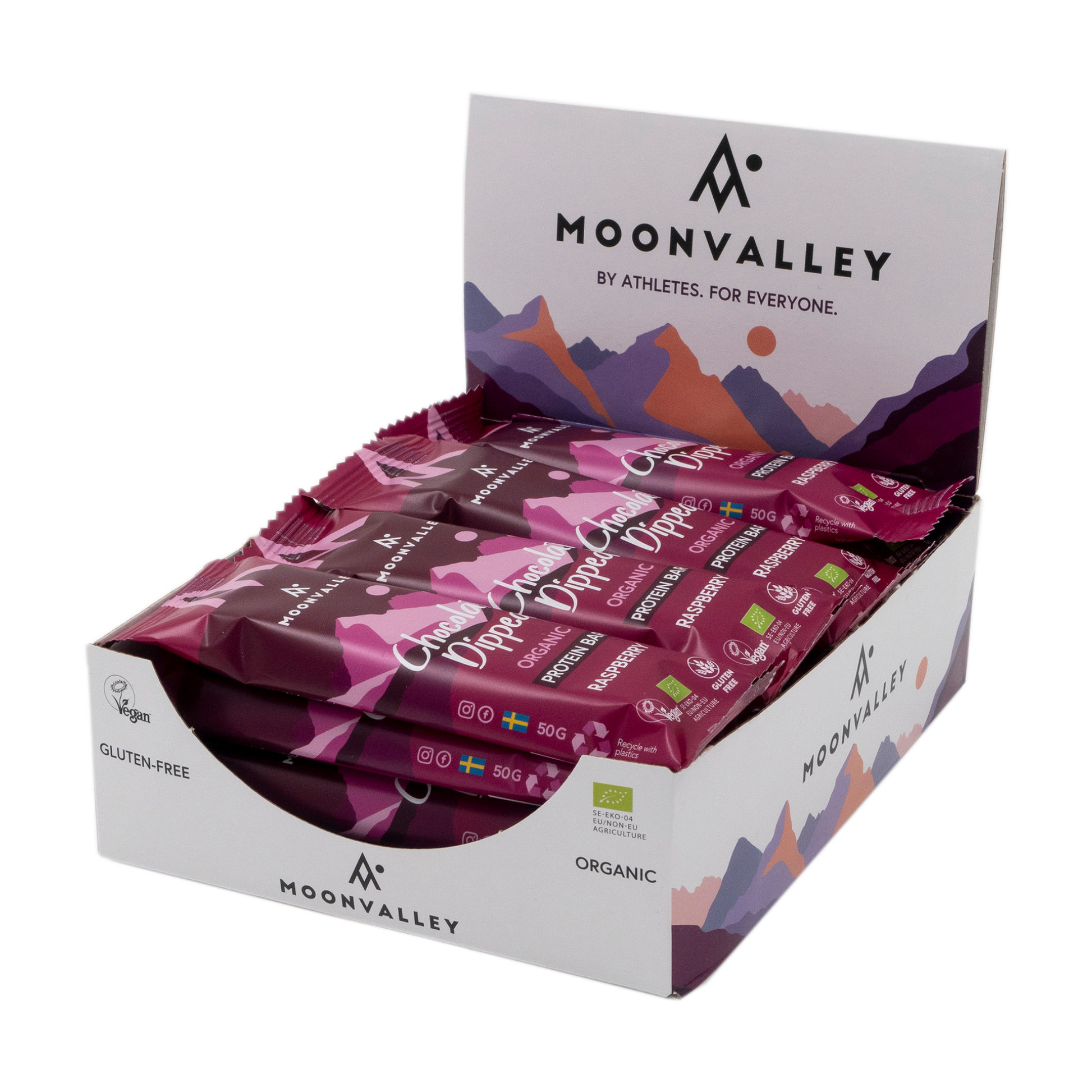 Moonvalley Organic Protein Bar - Chocolate-Dipped Raspberry 12-Pack box