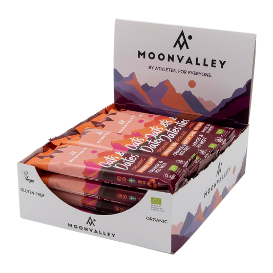 Moonvalley Organic Energy Bars Oats & Dates Red Beets & Orange box