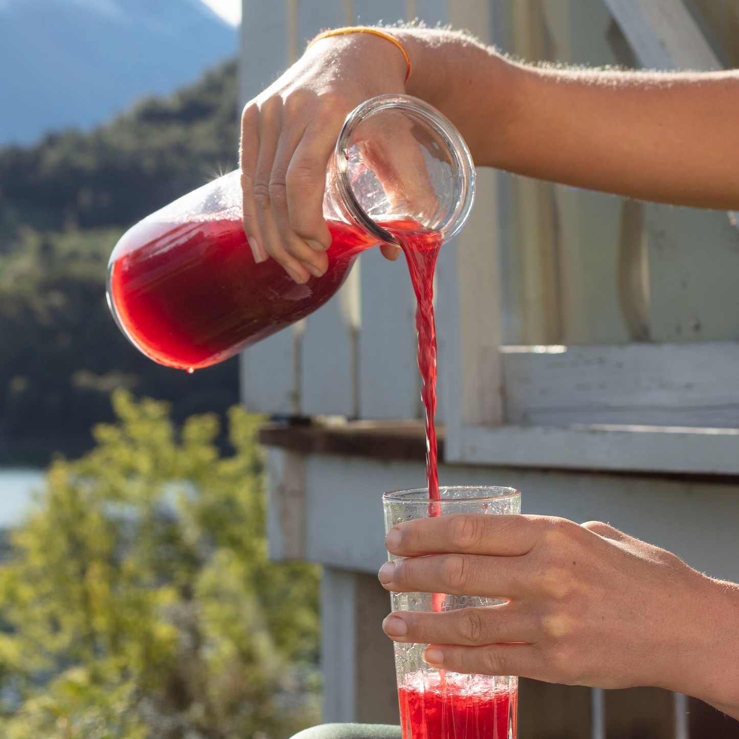 in the nature pouring Moonvalley Organic Sports Drink Lingonberry to class