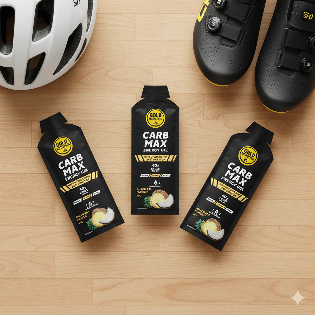 goldnutrition carb max energu gels on the table with pineapple and coconut