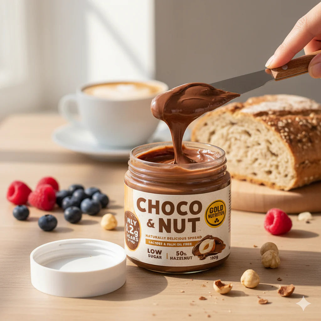 Goldnutrition choco and nut spread with bread and coffee