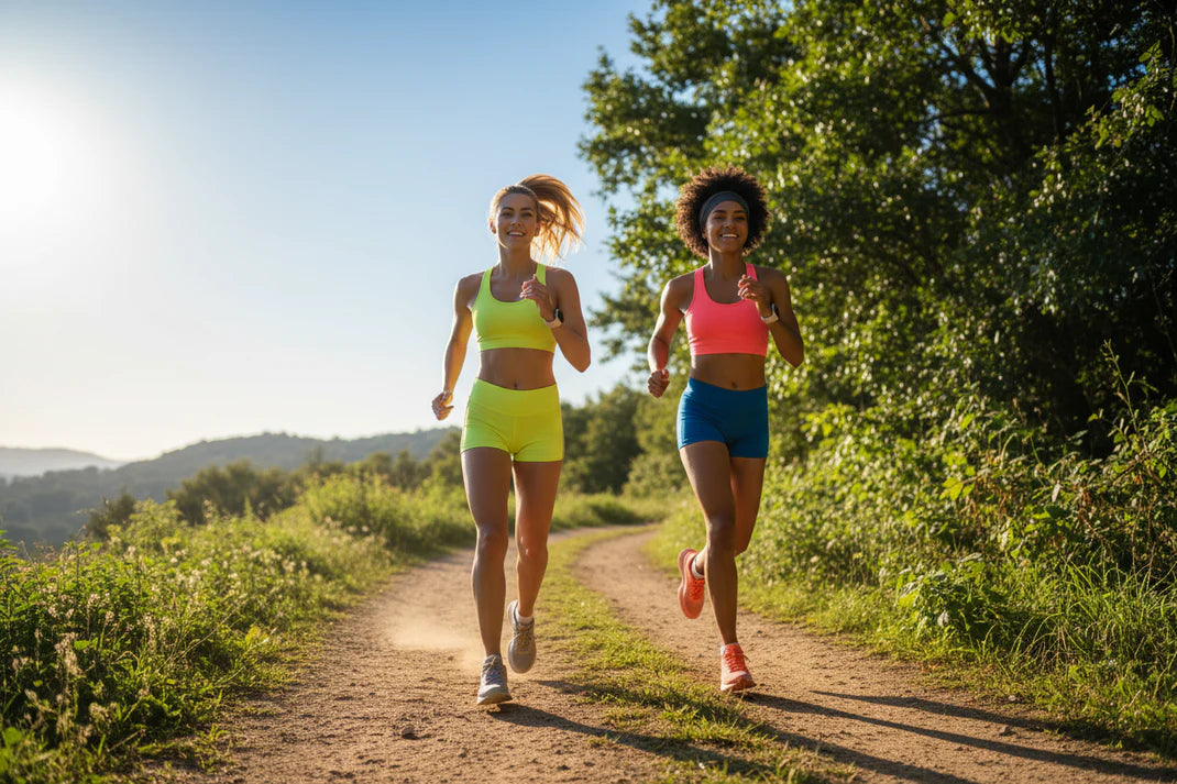 Two woman running in the nature
