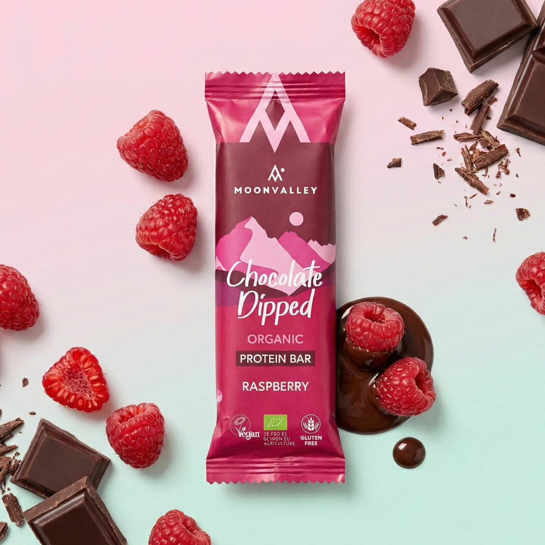 Moonvalley Organic Protein Bar - Chocolate-Dipped Raspberry with chocolate and raspberries