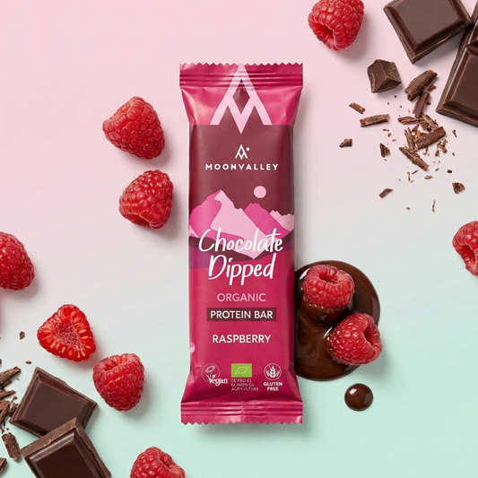 Moonvalley Organic Protein Bar - Chocolate-Dipped Raspberry with chocolate and raspberries