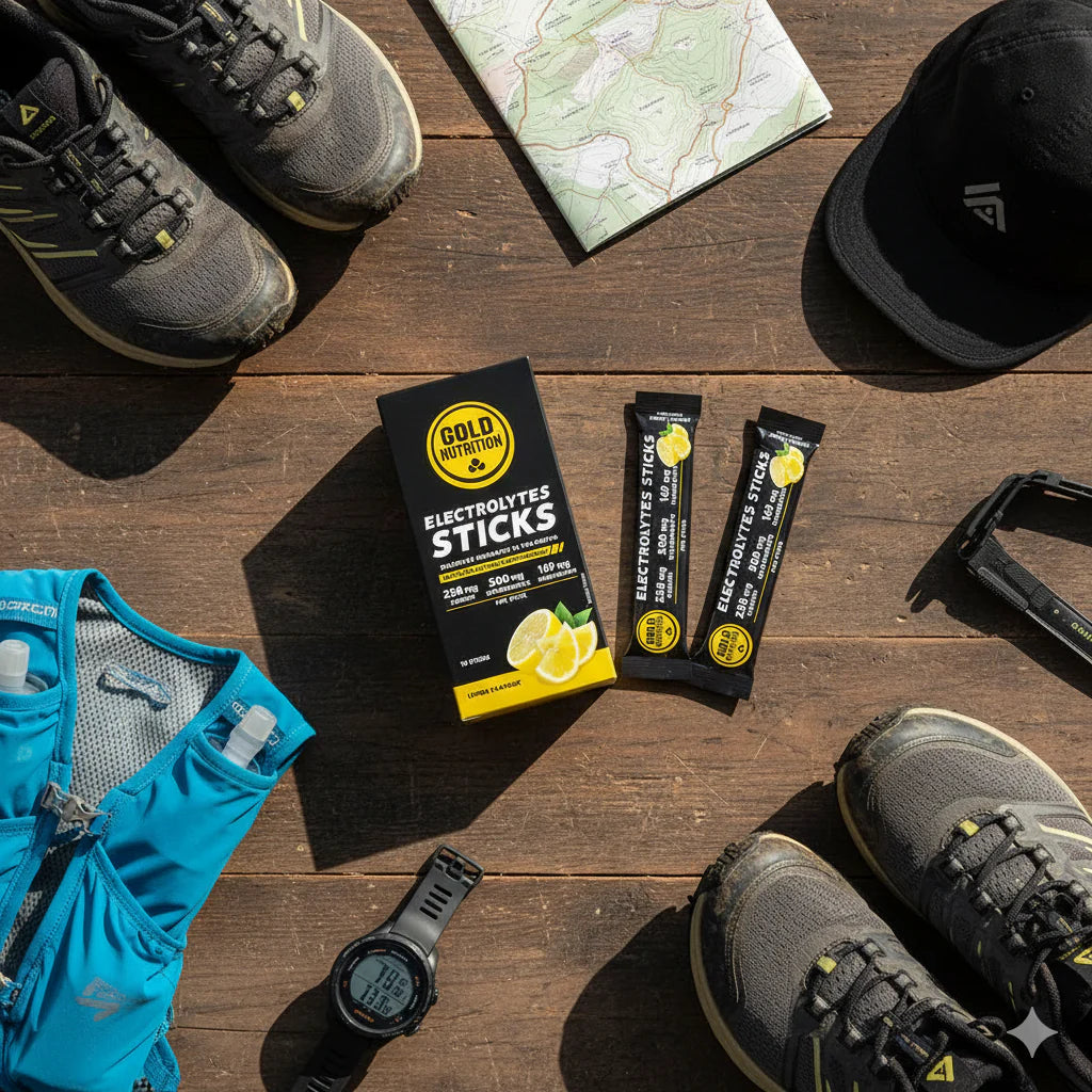 goldnutrition electrolyte sticks with lemon flavour and sports equipment
