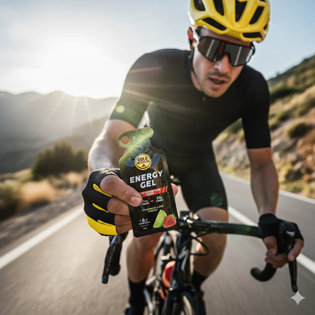goldnutrition biker in the mountains with energy gel lime and strawberry