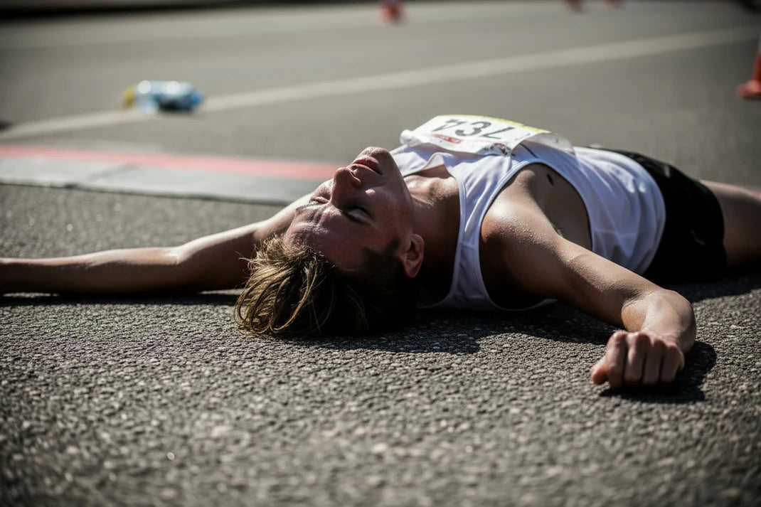 tired runner at finish, done with his run and laying on ground