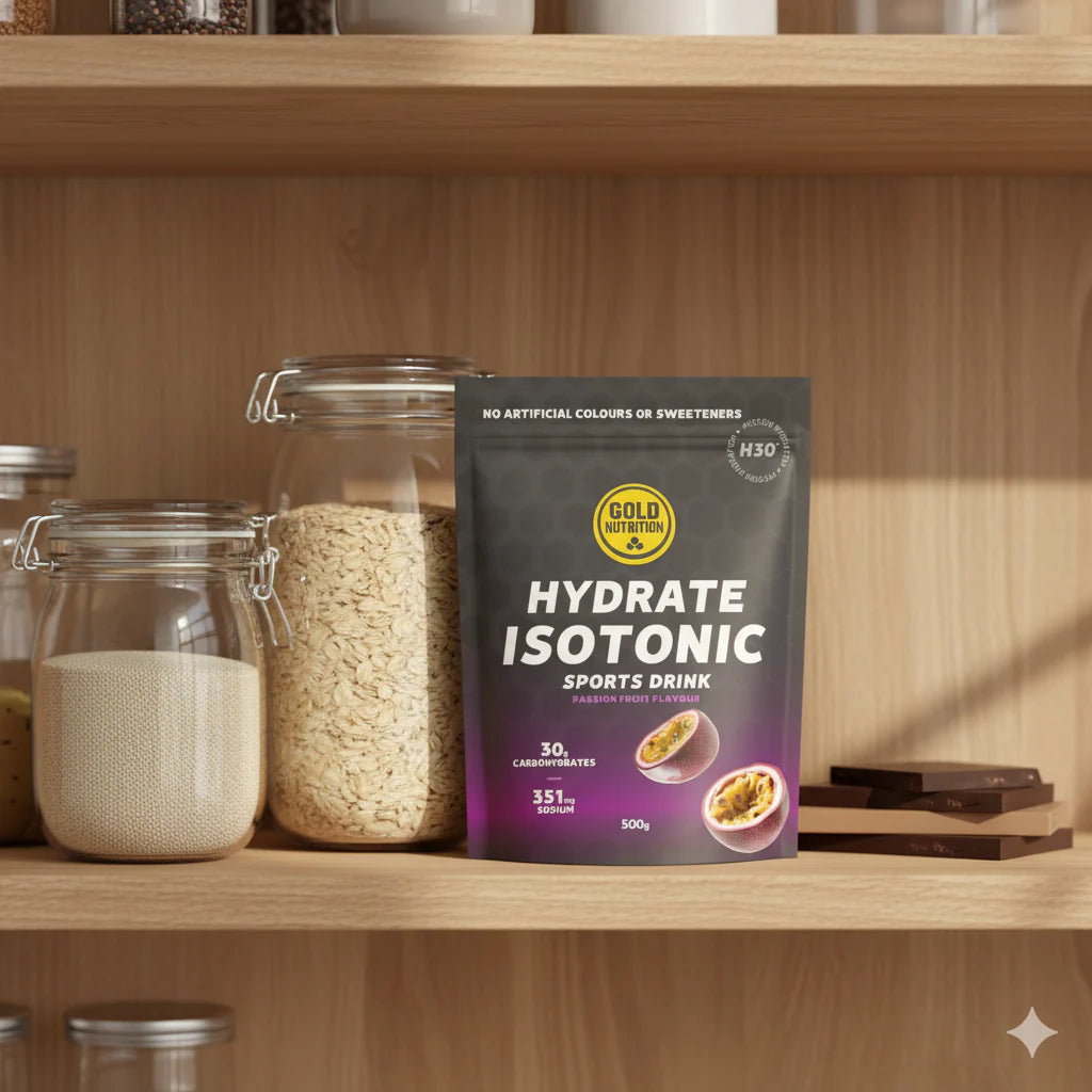 goldnutrition hydrate isotonic sports drink with pssion fruit flavour on the self