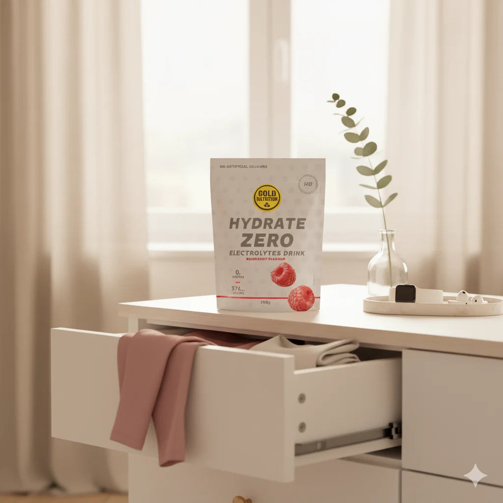goldnutrition hydrate zero electrolytes drink with raspberries and gym clothes