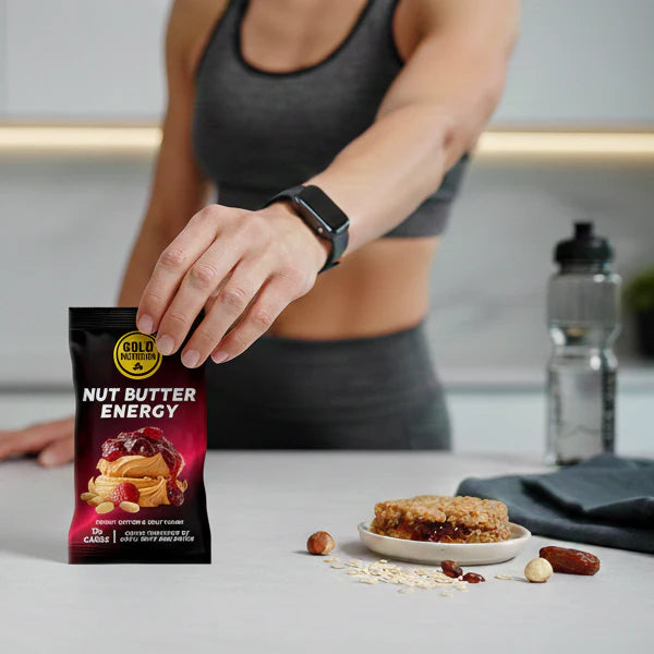 goldnutrition Nut Butter energy bar in the kitchen with peanut butter and jelly taste