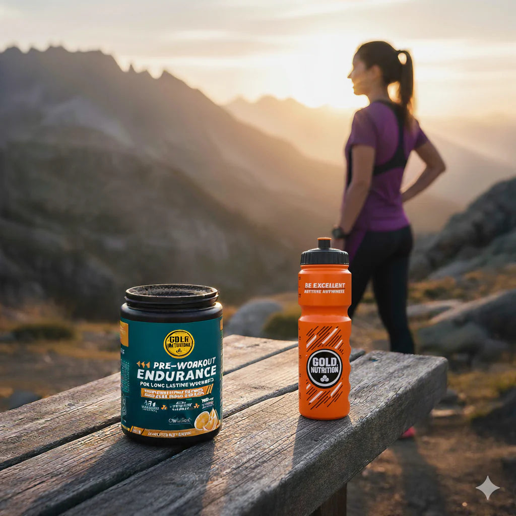 pre workout endurance goldnutrition orange flavoured in the mountains with a sports woman