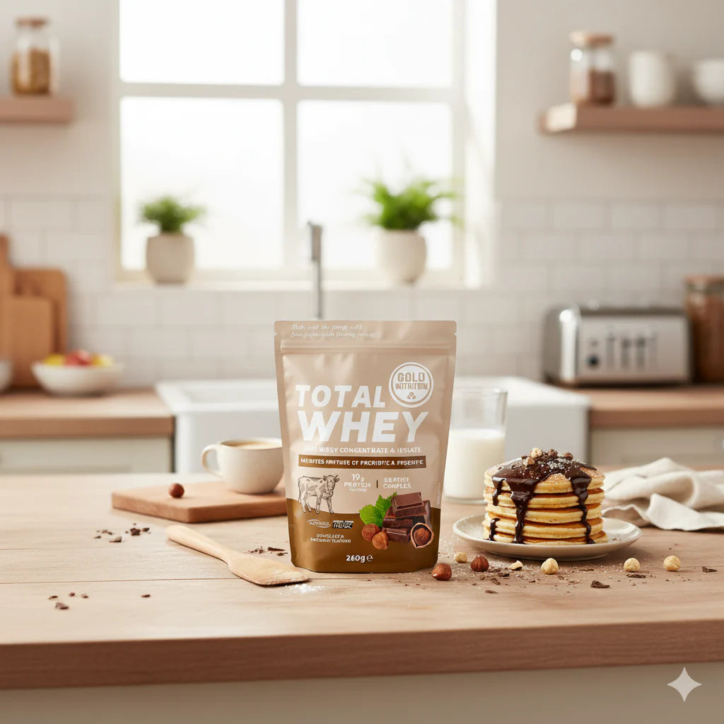 goldnutrition total whey chocolate and hazelnut powder in the kitcken