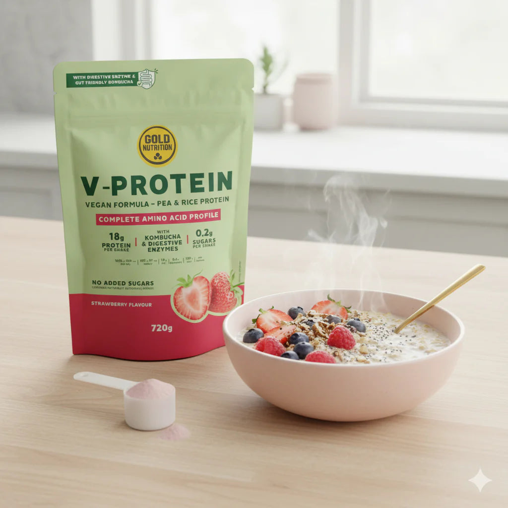 V protein goldnutrition with strawberry, with porridge on the side